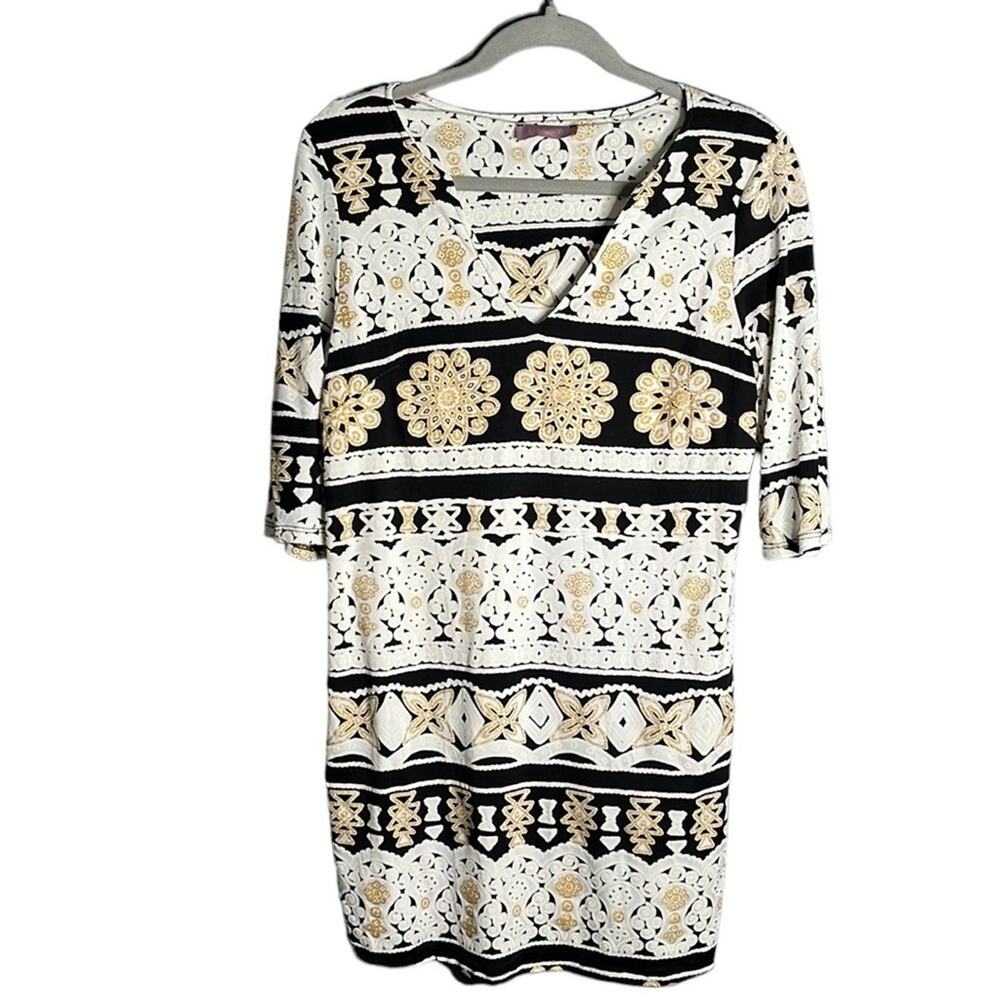 Harper Black, Gold and White Geometric 3/4 Sleeve Dress Size Small